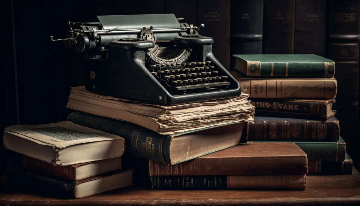 عدد من الكتب التراثية فوقها آلة كتابة تراثية