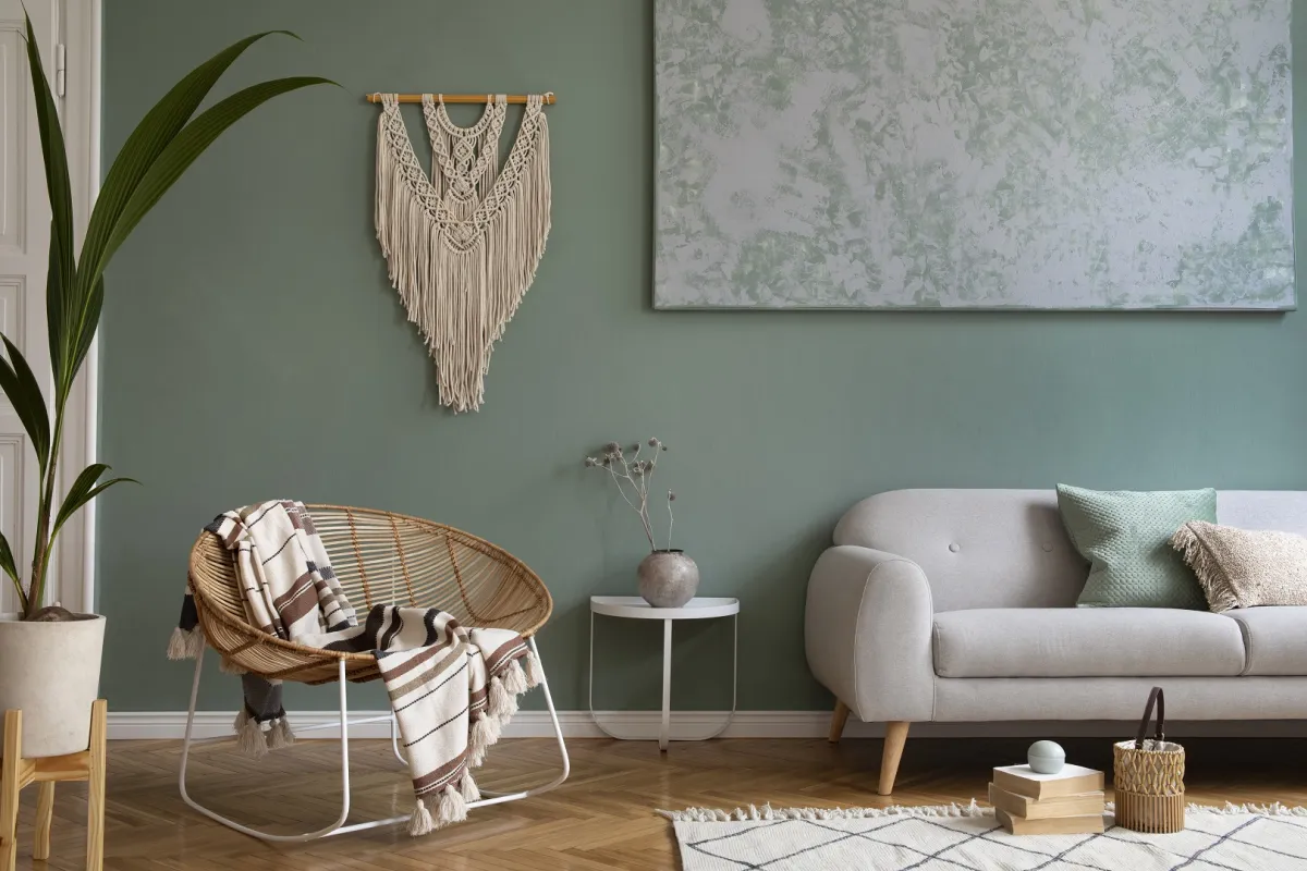 غرفة معيشة تتضمن كرسيًّا من الرتان