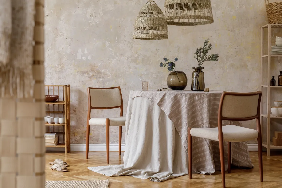 طاولة طعام معاصرة، مغطى سطحها بمفرش 