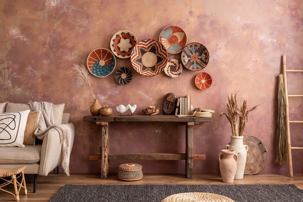 ديكور يعبر عن ثقافات مختلفة؛ تبدو جرتان من الفخار في الزاوية