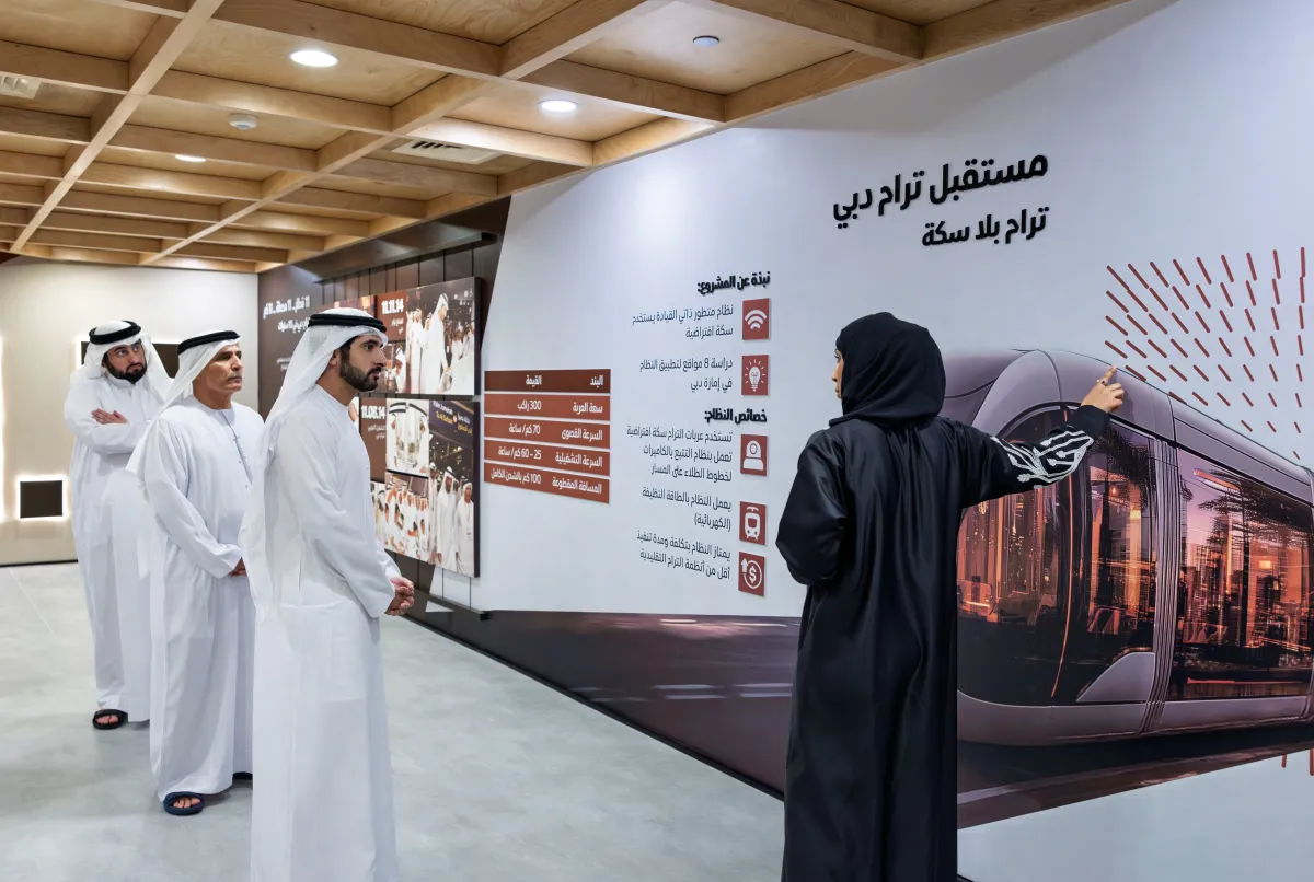 الشيخ حمدان بن محمد بن راشد آل مكتوم يطلع على مشروع ترام بلا سكة. الصورة من الحساب الرسمي لهيئة الطرق والمواصلات على منصة x