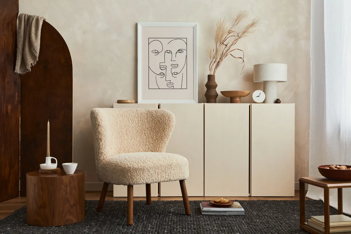 غرفة معيشة تتضمن عناصر خشبية