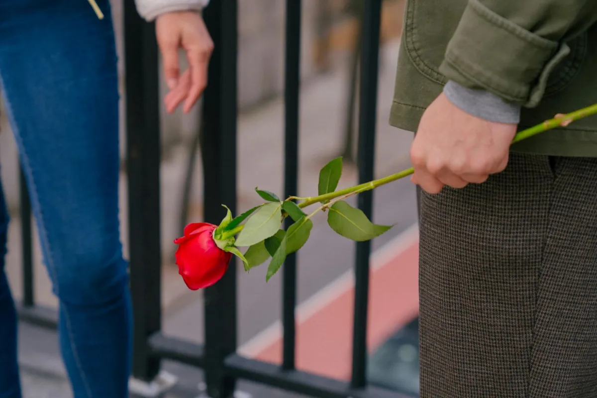 زوج يحمل وردة حمراء لزوجته 