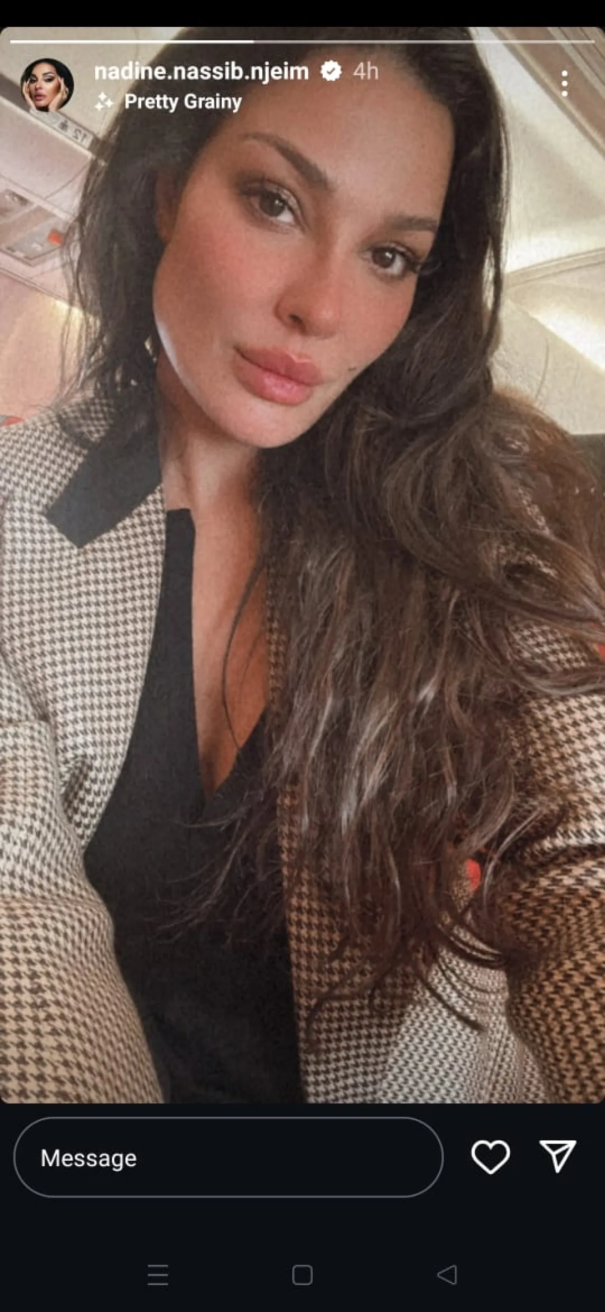 نادين نجيم من الطائرة- الصورة من ستوري حسابها على إنستغرام