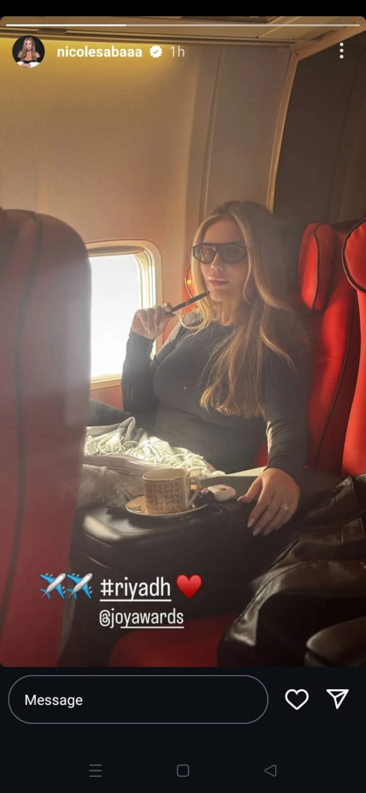 نيكول سابا في الطائرة - الصورة من ستوري حسابها على إنستغرام