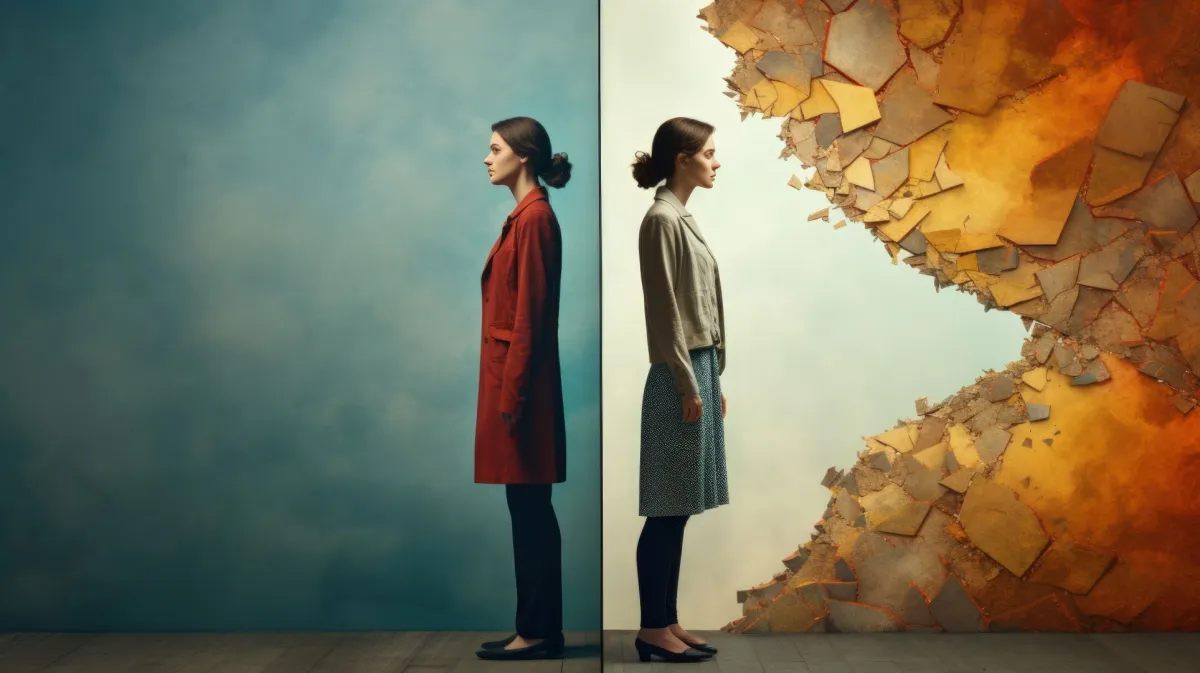    فتاة تقف في ظهر نفسها تقارن بين نفسها والآخرين يفصلها حائط النفس عنهم   