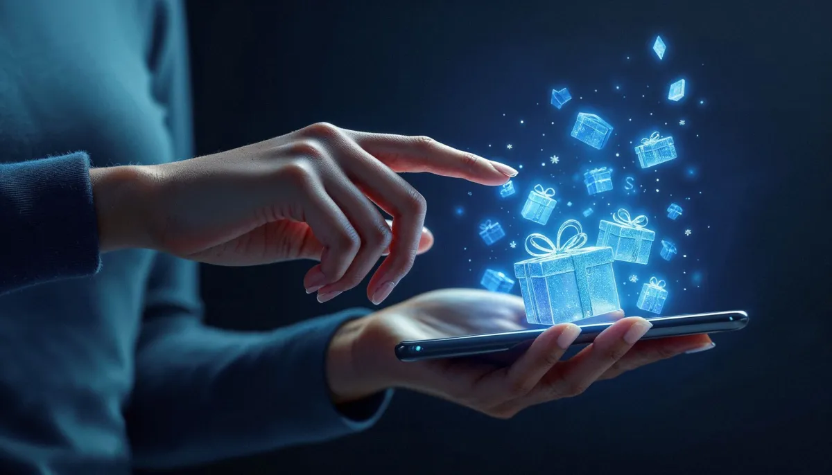 صورة افتراضية لسيدة تضغط هدايا تخرج من جهازها المحمول
