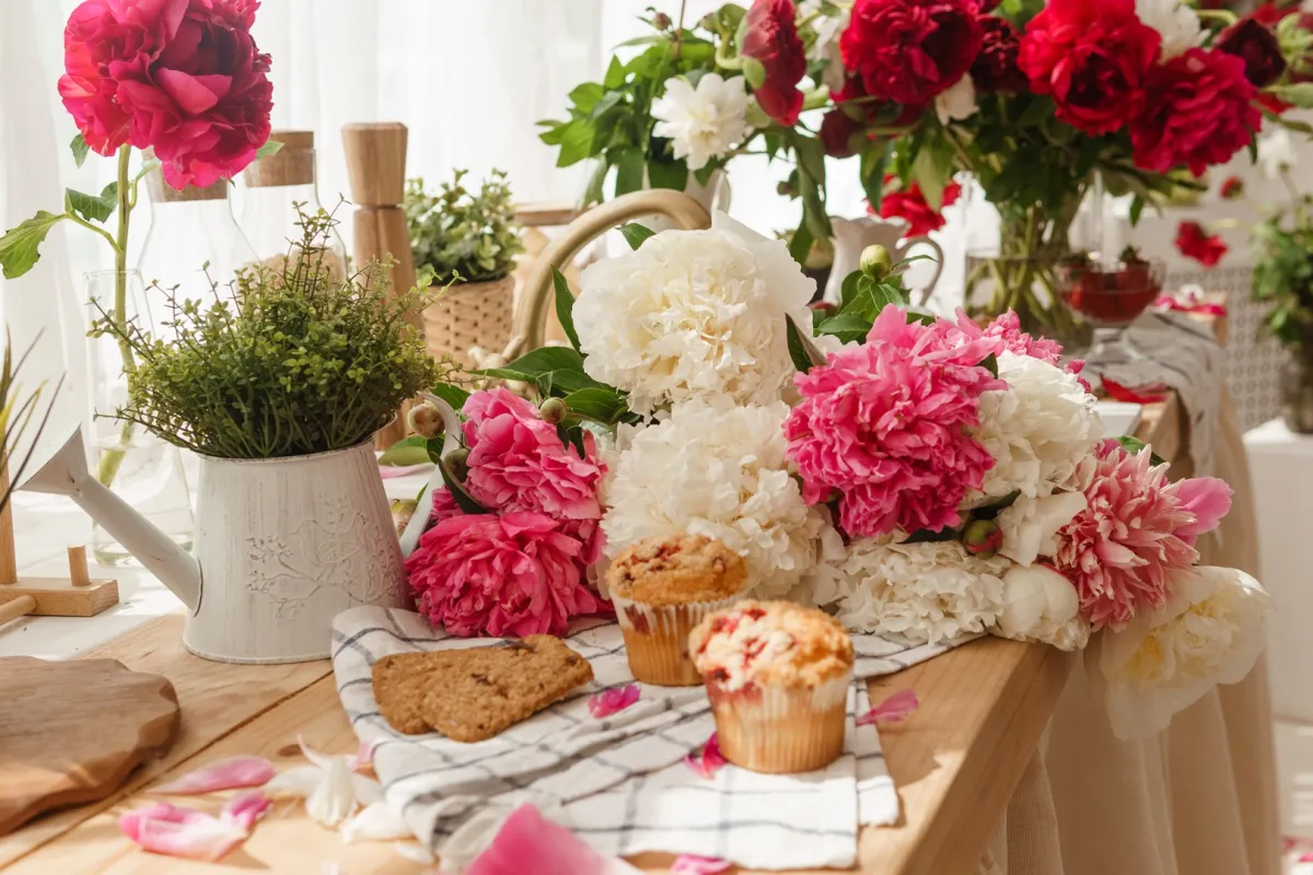 سطح المطبخ مزين بالفاوانيا في يوم الأم