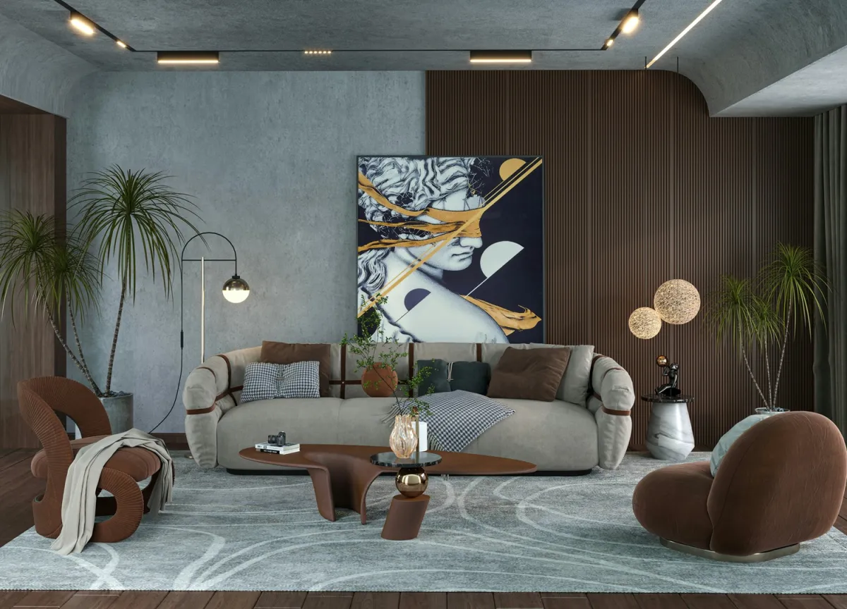 غرفة معيشة منسقة مفروشاتها بعناية 