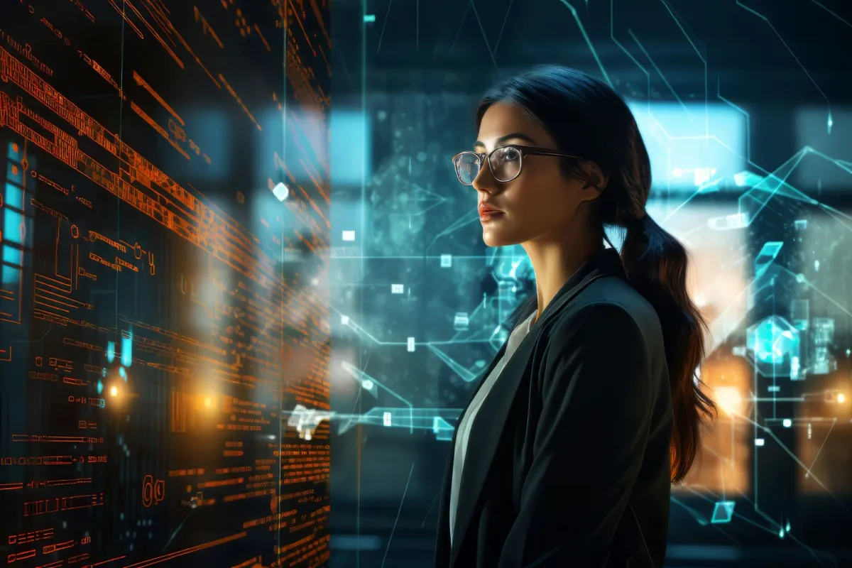 فتاة تتعامل من خلال تكنولوجيا المعلومات للوصول لبعض البيانات الهامة