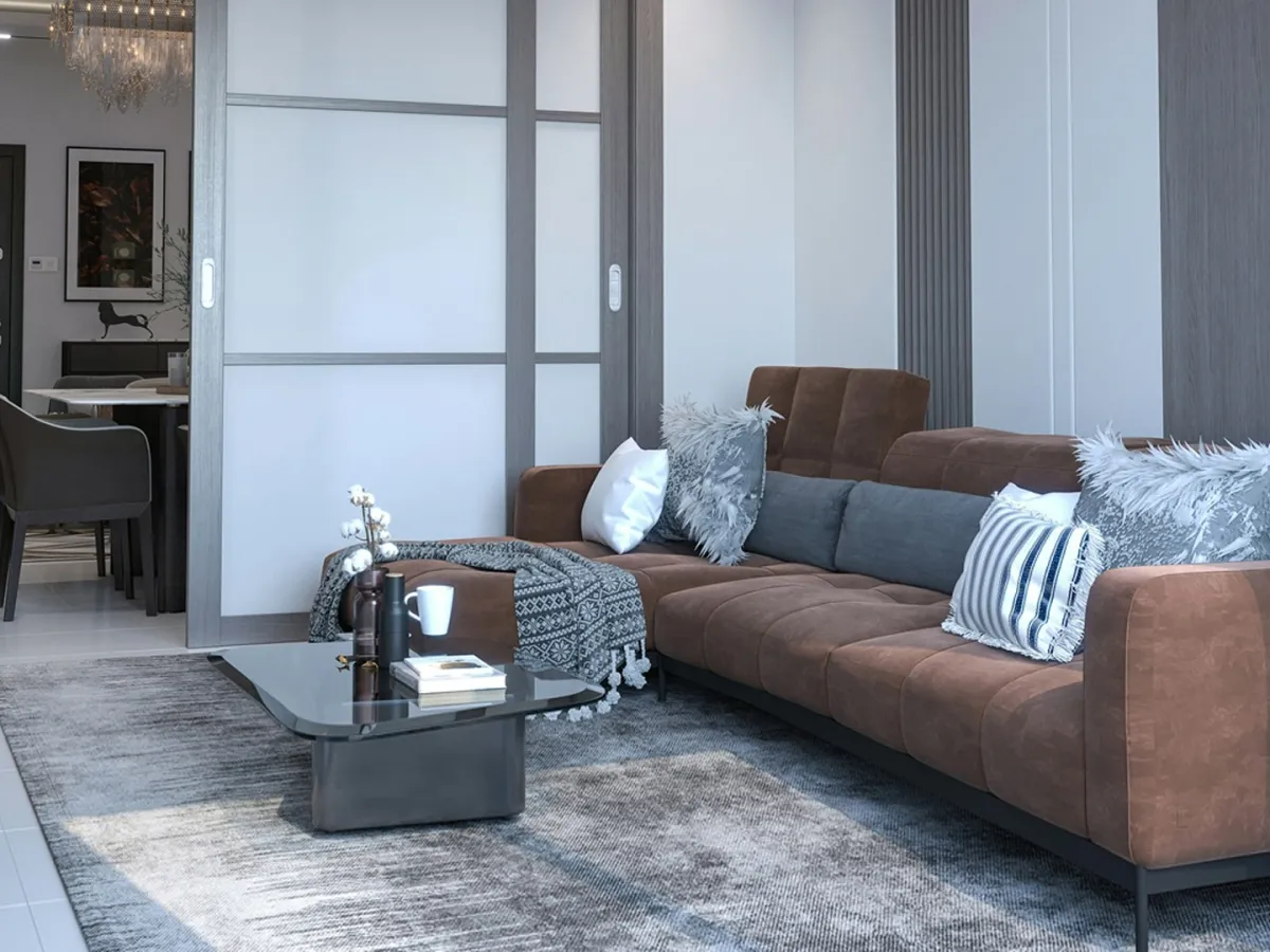 غرفة معيشة مؤثثة بأريكة وطاولة قهوة