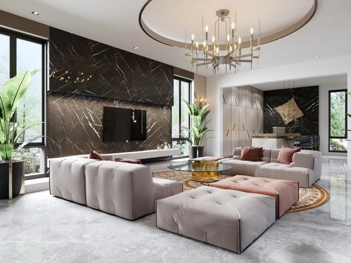 تصميم فخم لغرفة المعيشة مع أريكة متعددة الألوان ووحدة تلفزيون على خلفية رخامية