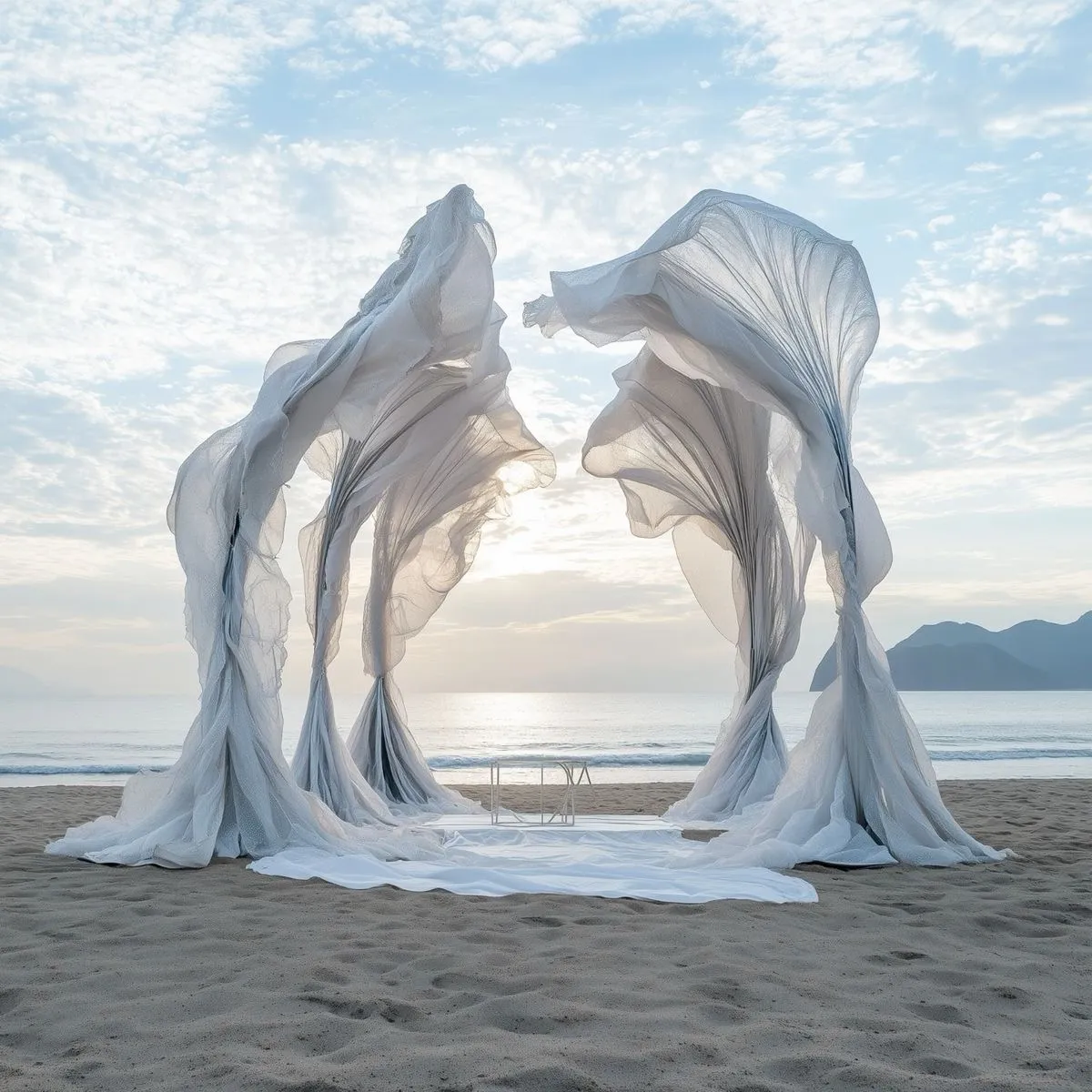 من الممكن الاستعانة بالستائر البيضاء في ديكور حفل الزفاف الشاطئي 