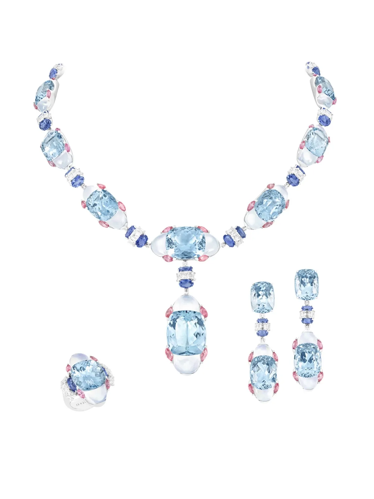 طقم Lirya من الأكوامارين، وحجر القمر، والماس