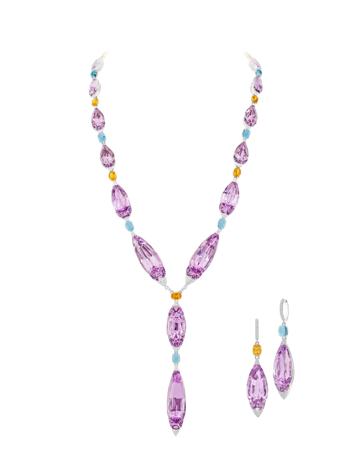 طقم Lirya من الكُنزايت، والياقوت الوردي، والأحجار الكريمة الملوّنة – عقد وأقراط