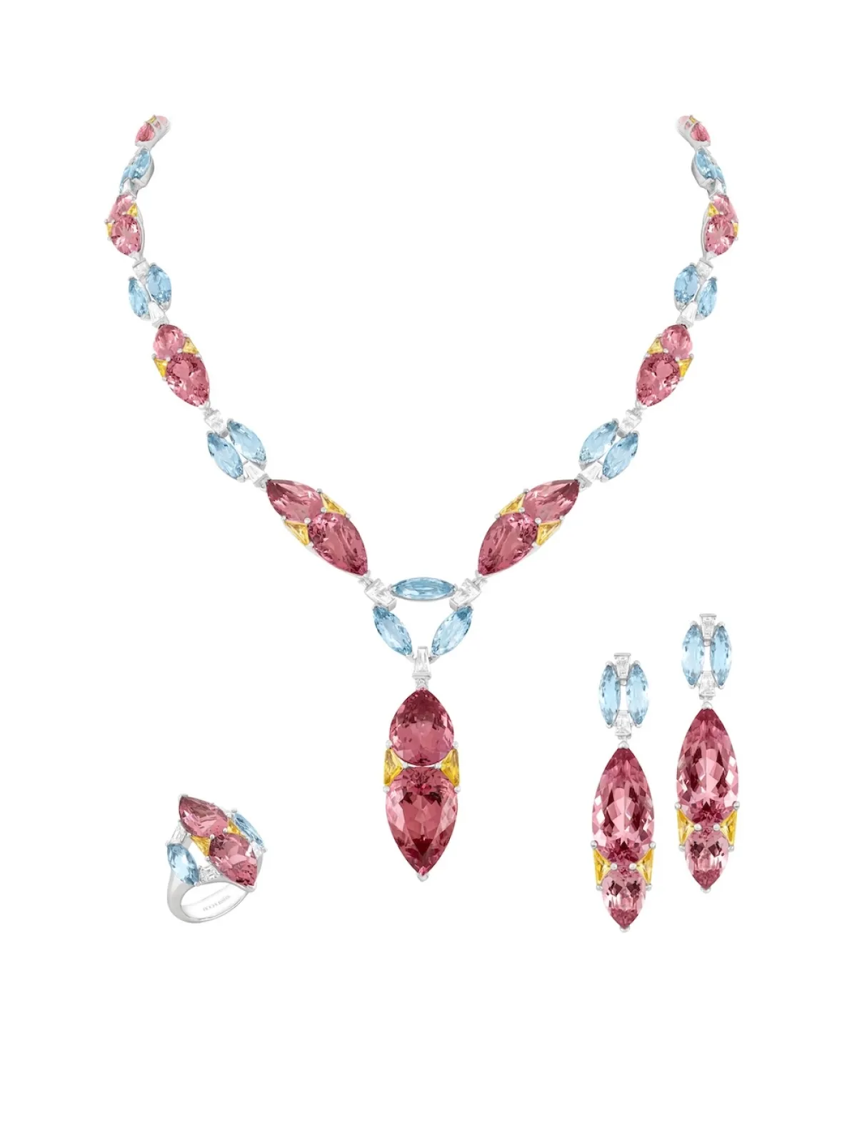 طقم Lirya من المورغانيت، والأكوامارين، والياقوت الأزرق، والماس