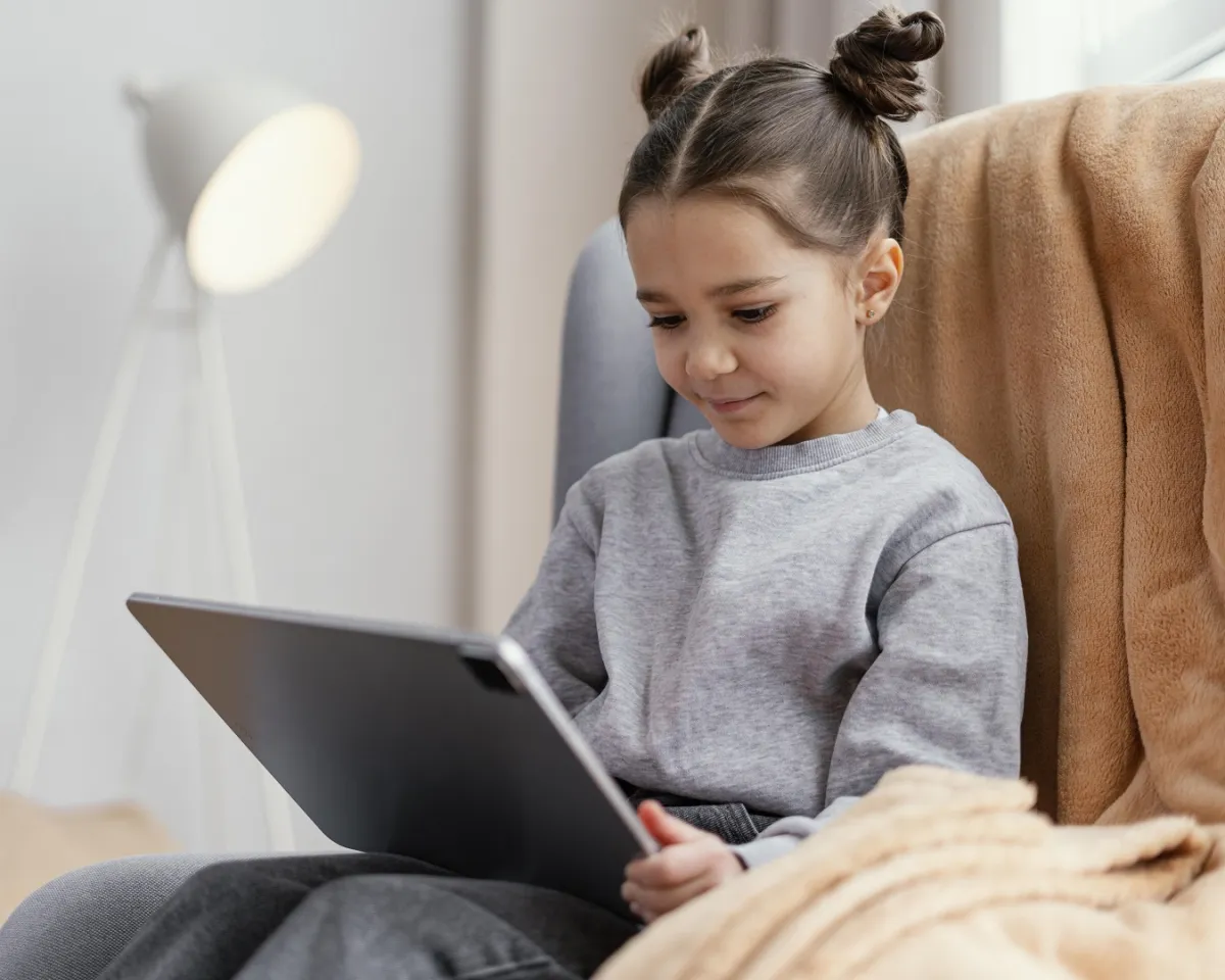 صورة لطفلة تستخدم جهازها الالكتروني الخاص 
