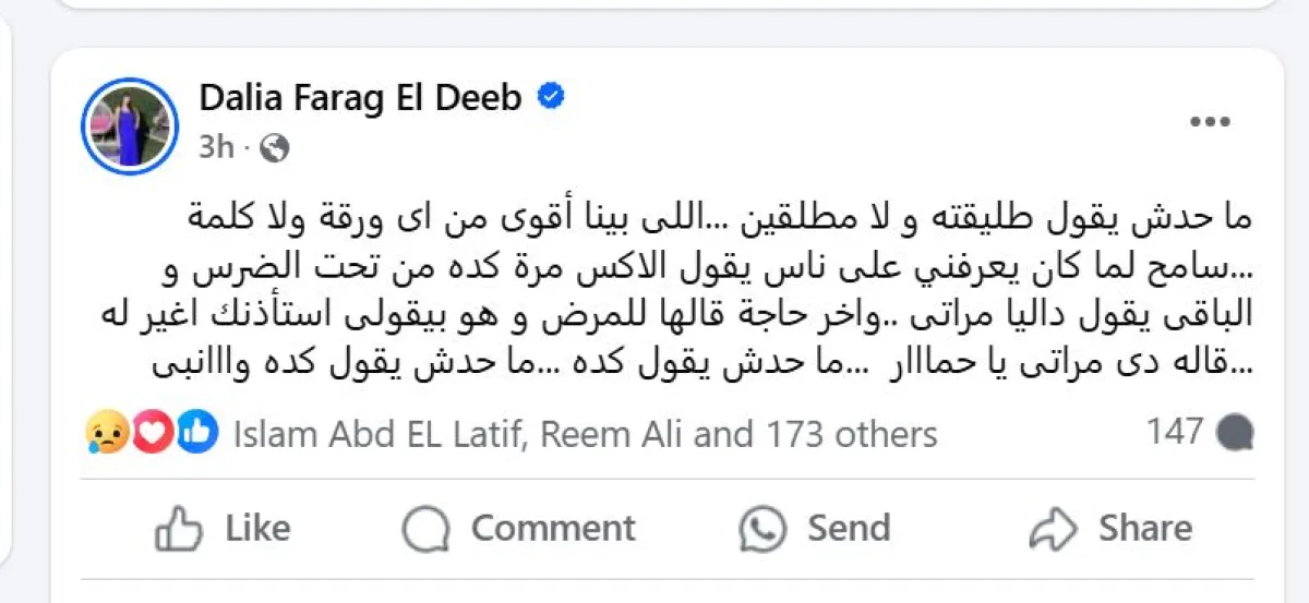 داليا فرج تطلب عدم مناداتها بطليقة سامح عبد العزيز - سكرين شوت من حسابها على فيسبوك