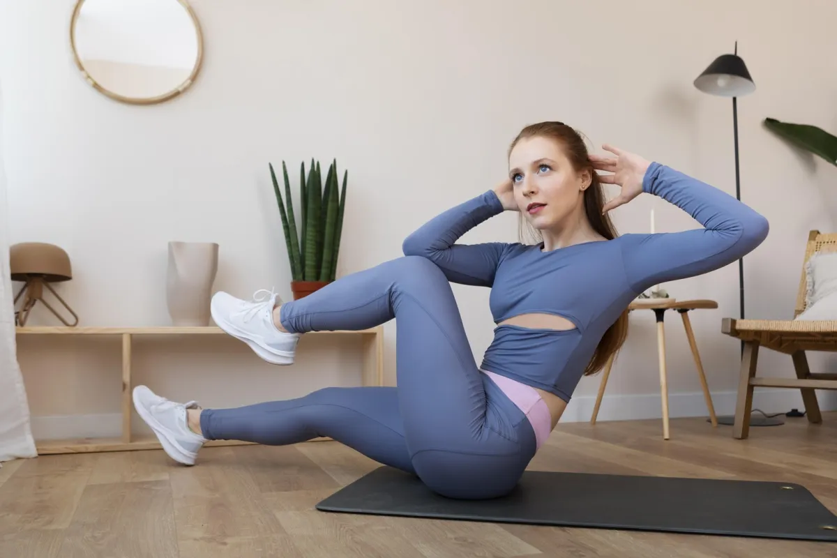 سيدة تُمارس تمارين فعّالة لتخسيس البطن والأرداف في البيت Image By Freepik