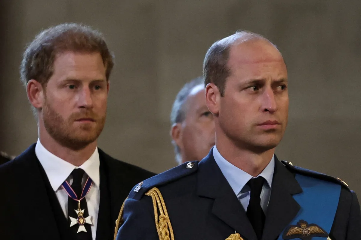 الأمير هاري والأمير ويليام لحظة وصول نعش الملكة إليزابيث الثانية إلى قصر وستمنستر ( Prince Harry and Prince William as Queen Elizabeth II's coffin arrives at Westminster Palace ). مصدر الصورة: ALKIS KONSTANTINIDIS / POOL / AFP