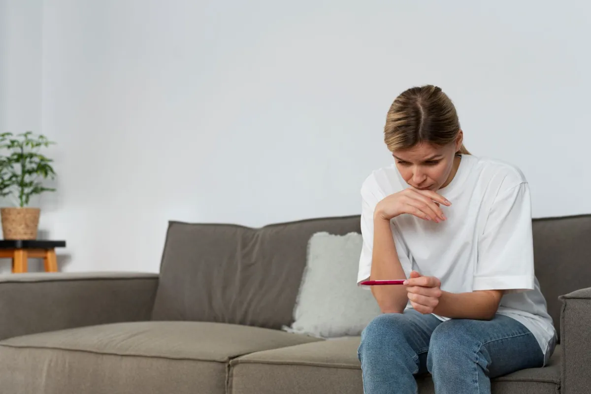 صورة لحامل في حيرة مع جهاز فحص حمل منزلي