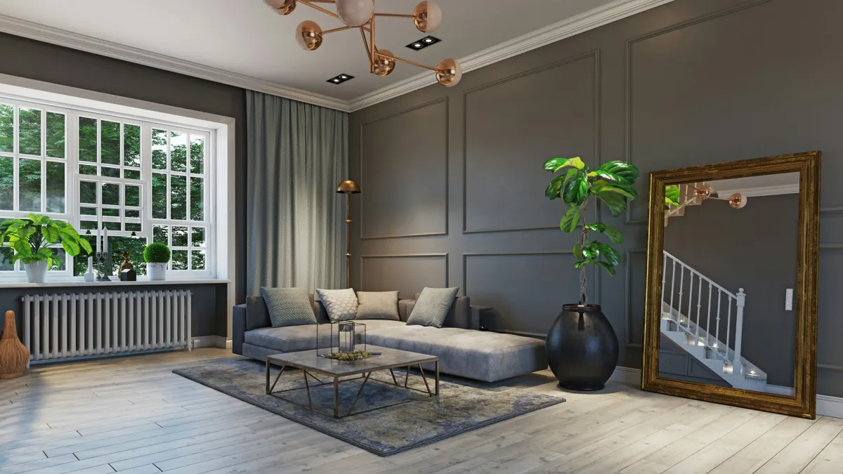 غرفة معيشة مودرن مزودة بمرآة