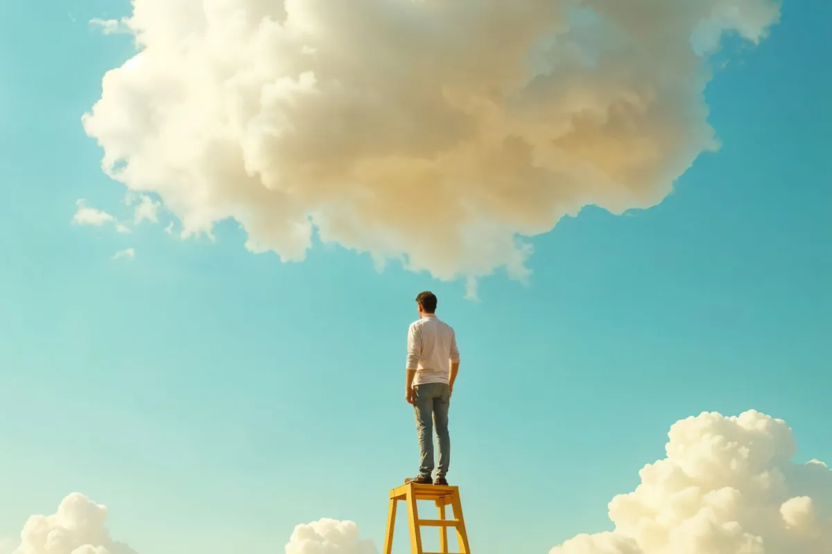 شاب ينظر للسماء مرتقياً سلم أحلامه- تعبيرية