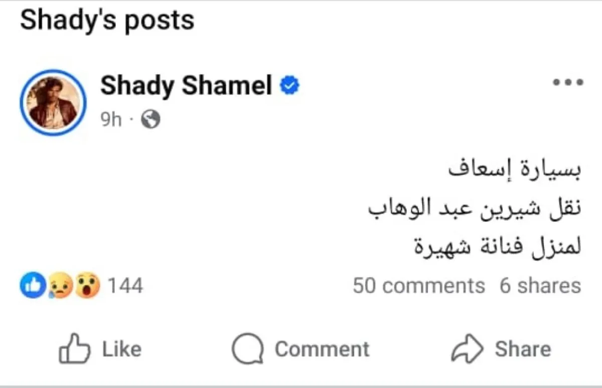 منشور شادي شامل عبر حسابه الشخصي على موقع فيسبوك