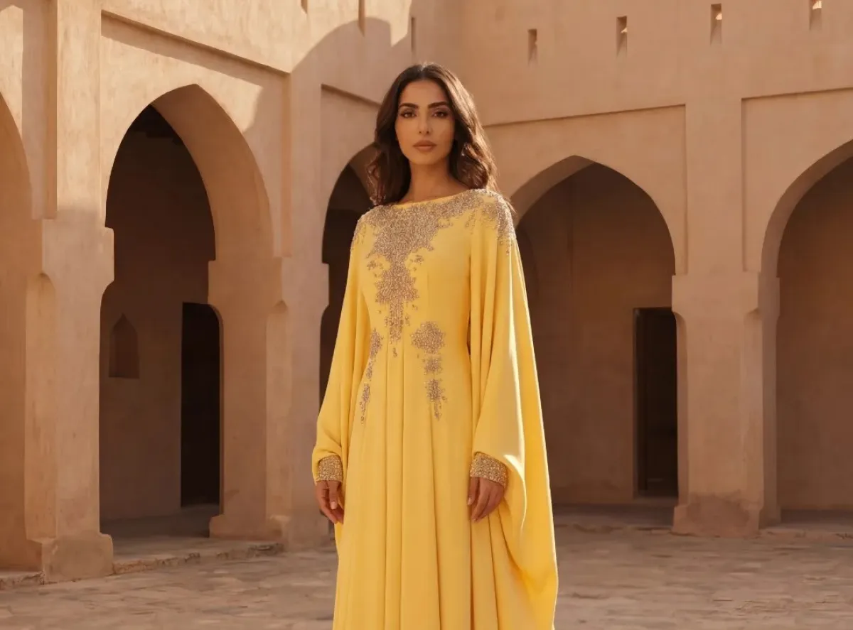 قفطان أصفر من مجموعة سِحر للمصممين خالد ومروان - الصورة من العلامة
