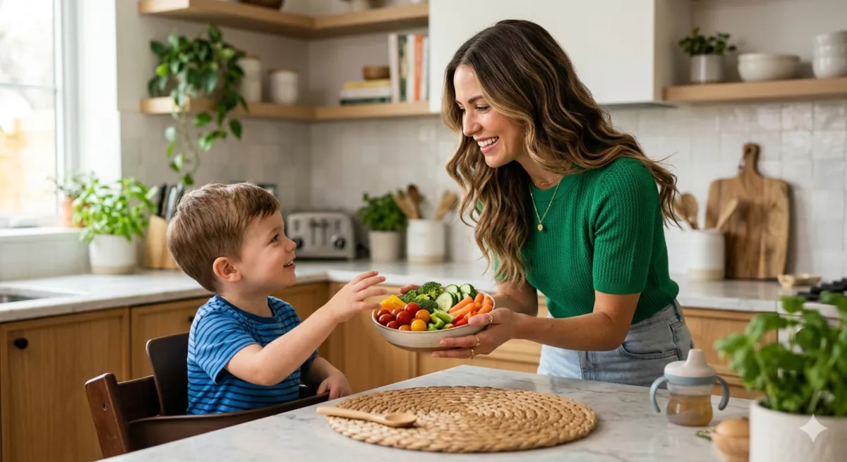 صورة أم تقدم الأغذية السليمة لابنها