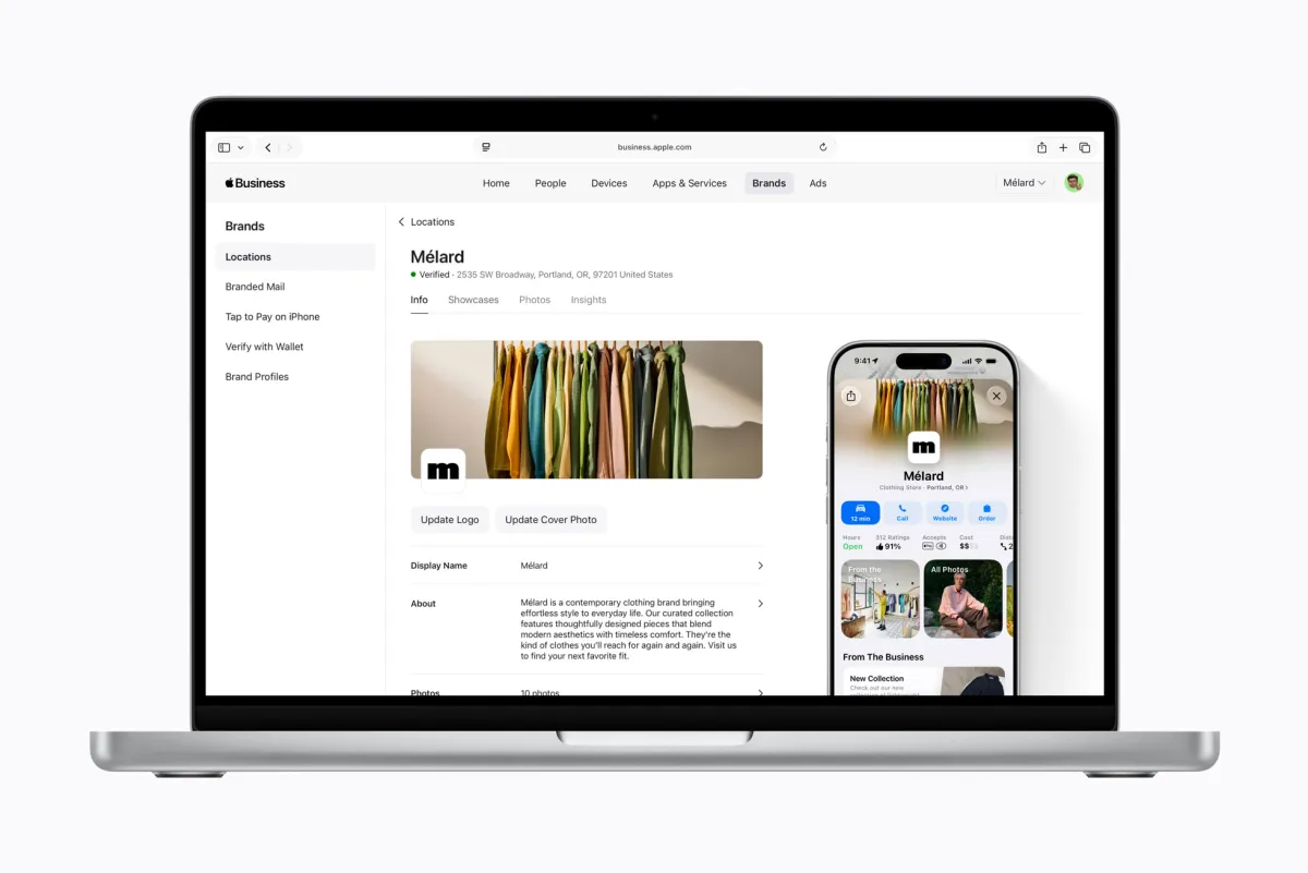 تتيح Apple Business للشركات إدارة اسم العلامة التجارية والشعار والتفاصيل الأساسية بشكل متسق عبر تطبيق الخرائط، وتطبيق المحفظة وغيرها من ميزات وتطبيقات Apple.