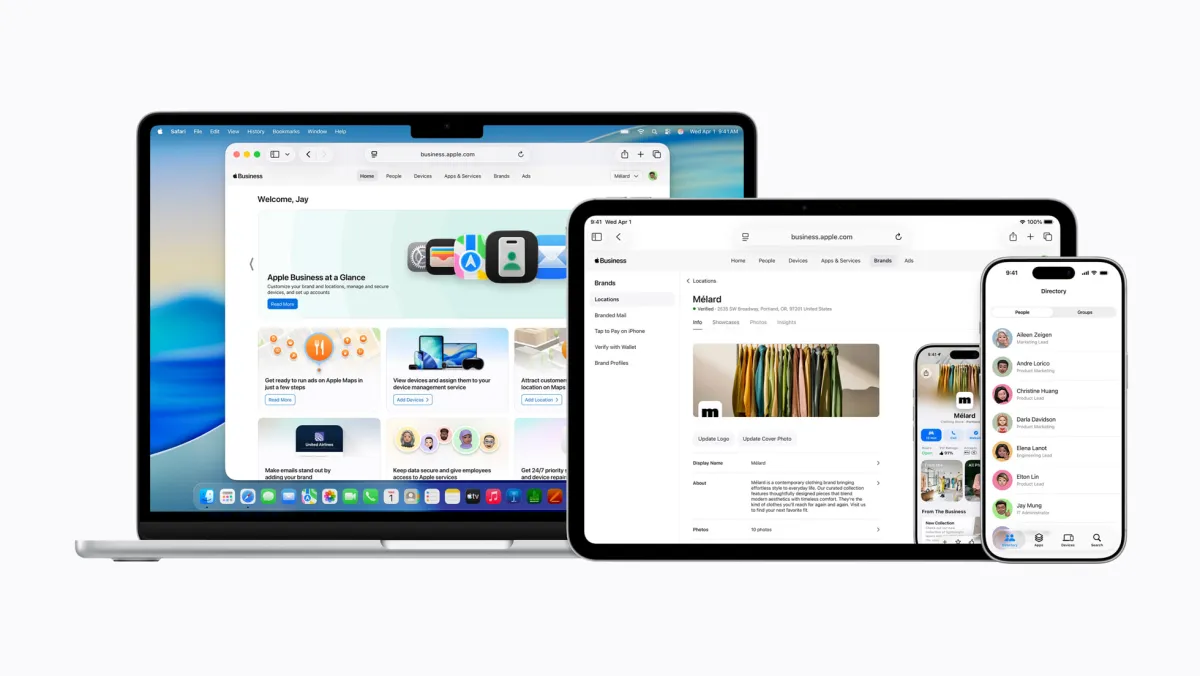 ستتوفر Apple Business في 14 أبريل، وهي منصة جديدة تتضمن الخدمات الأساسية التي تحتاجها الشركات لتشغيل أعمالها وتنميتها.