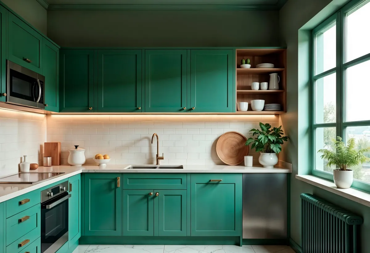 مطبخ مع خزائن خضراء زمردية لكن موضتها سريعة الزوال