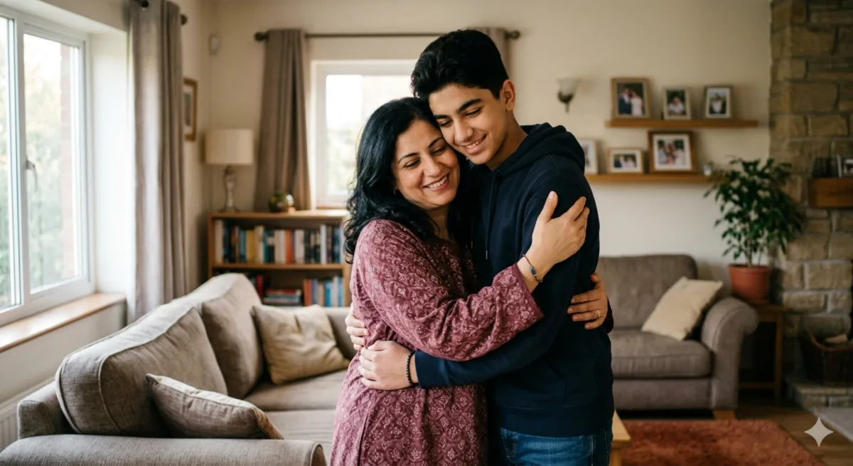 صورة أم تضم ابنها المراهق