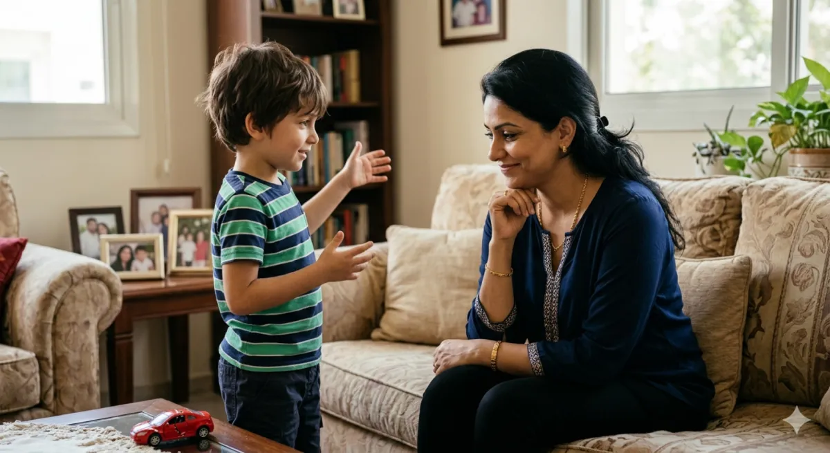 صورة طفل يروي الخيال لأمه