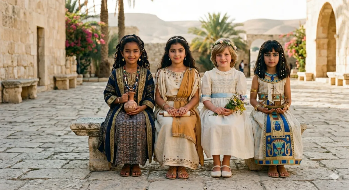 صورة بلقيس ملكة سبأ وزنوبيا ملكة تدمر وديانا أميرة ويلز عندما كن طفلات بعمر 9 سنوات، في صورة تخيلية واقعية