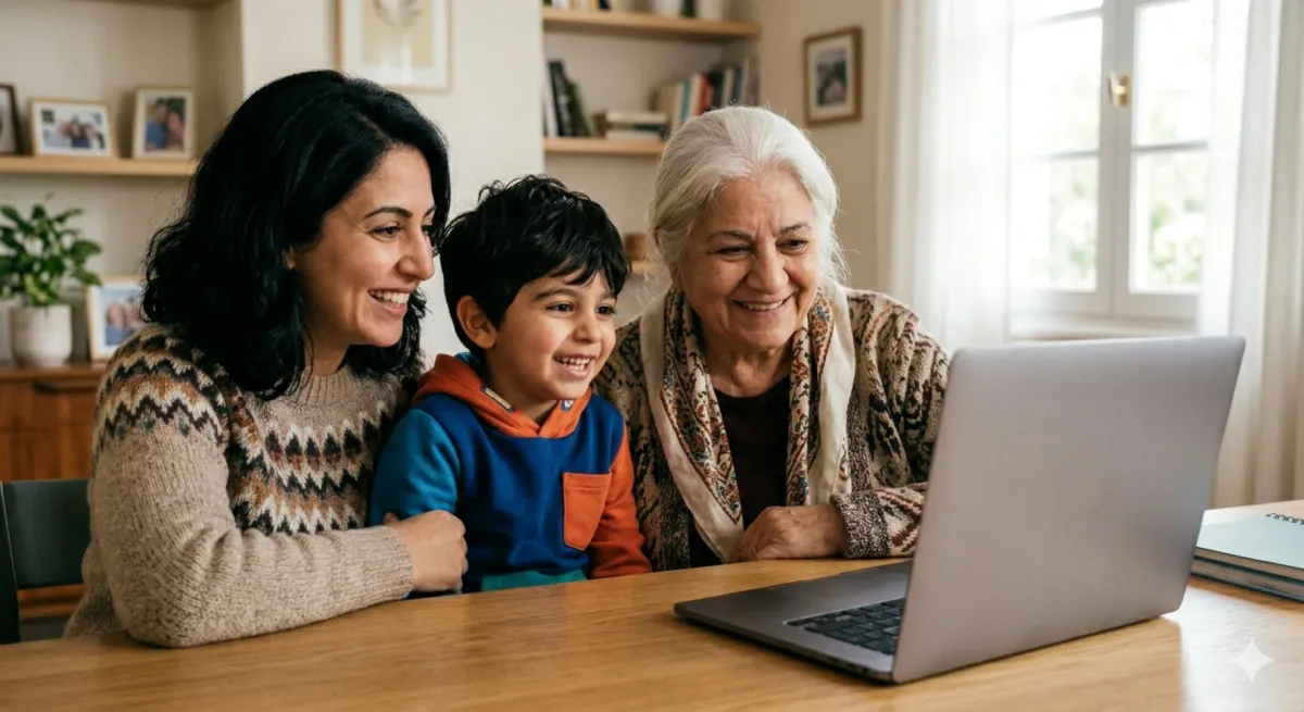 صورة عائلة أمام الكمبيوتر