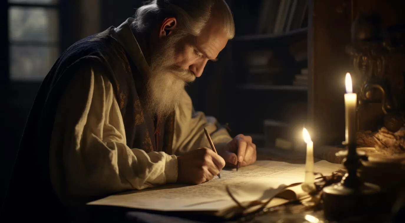 أحد العظماء من القدماء يدون احد ابتكاراته الهامة