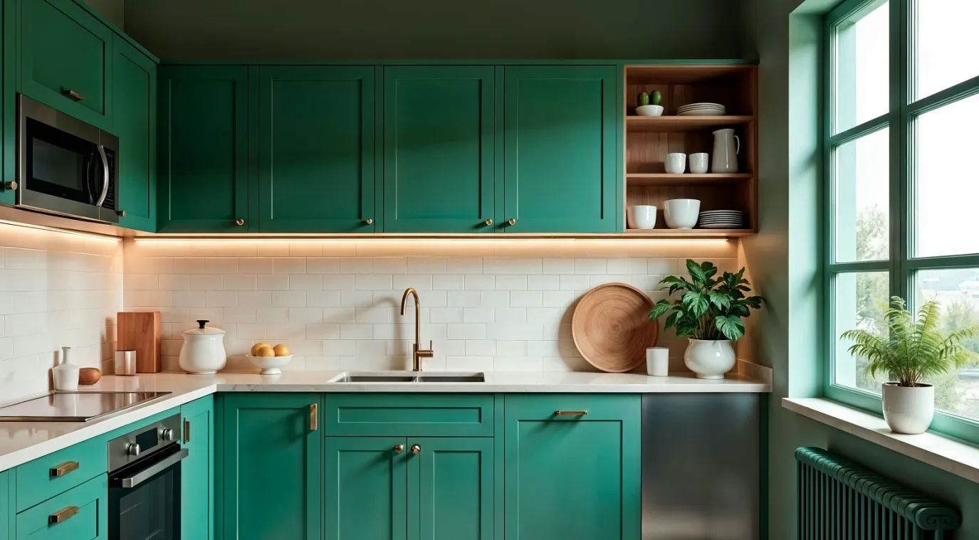 مطبخ مع خزائن خضراء زمردية لكن موضتها سريعة الزوال