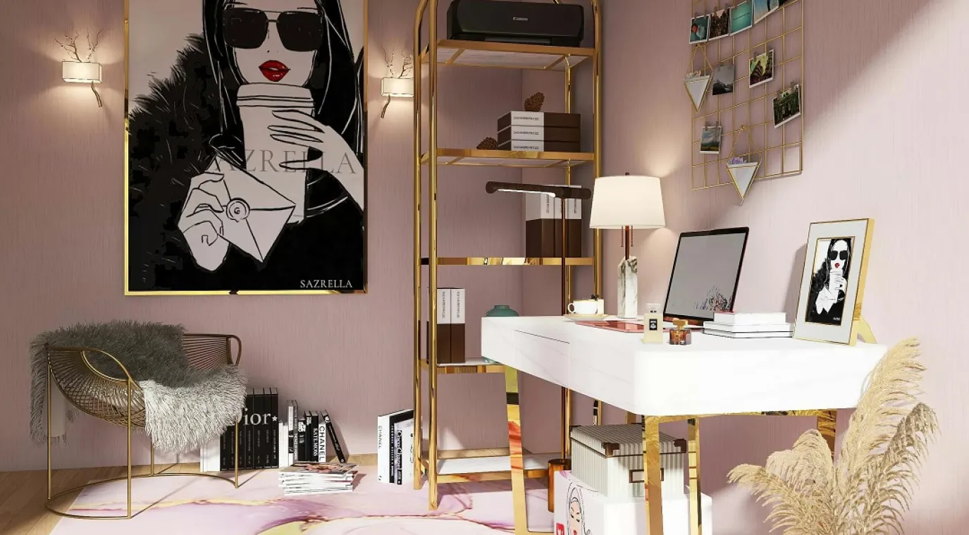 تصميم مكتب منزلي مودرن باللون الوردي مع لمسات ذهبية