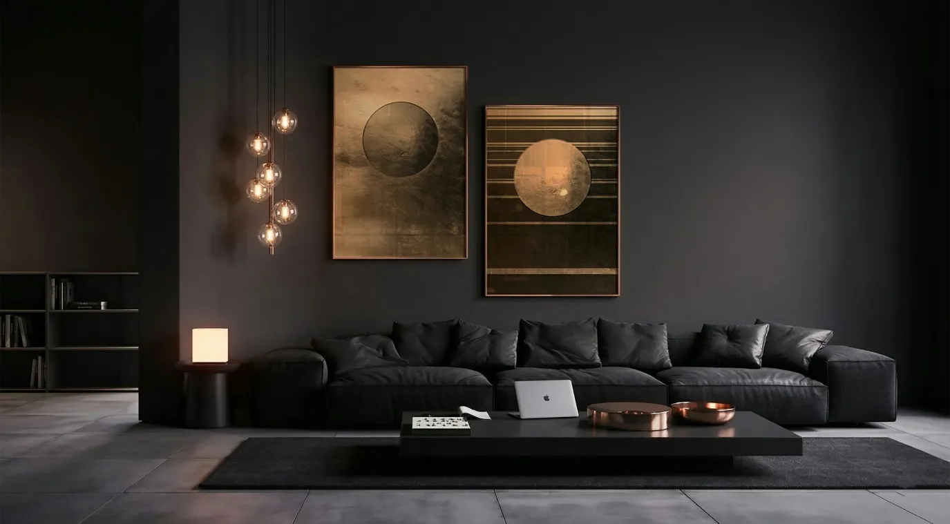 ديكور جذاب موزع على جدران سوداء فاخرة مع إضاءة عبارة عن كرات ذهبية