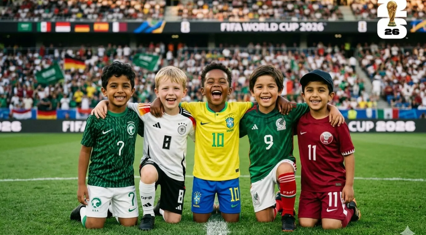 صورة 5 أطفال من 4 فرق غي كأس العالم "صورة تعبيرية - أُنشئت بالذكاء الاصطناعي"