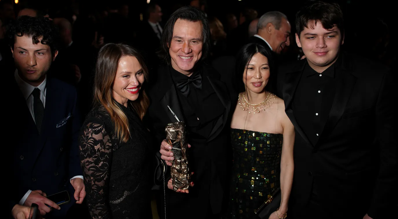 Jane Erin Carrey, Jim Carrey, Min Ah and Jackson Riley pose during the 51st Cesar Film Awards at L'Olympia on February 26, 2026 in Paris, France. (Photo by Francois Durand/Getty Images)