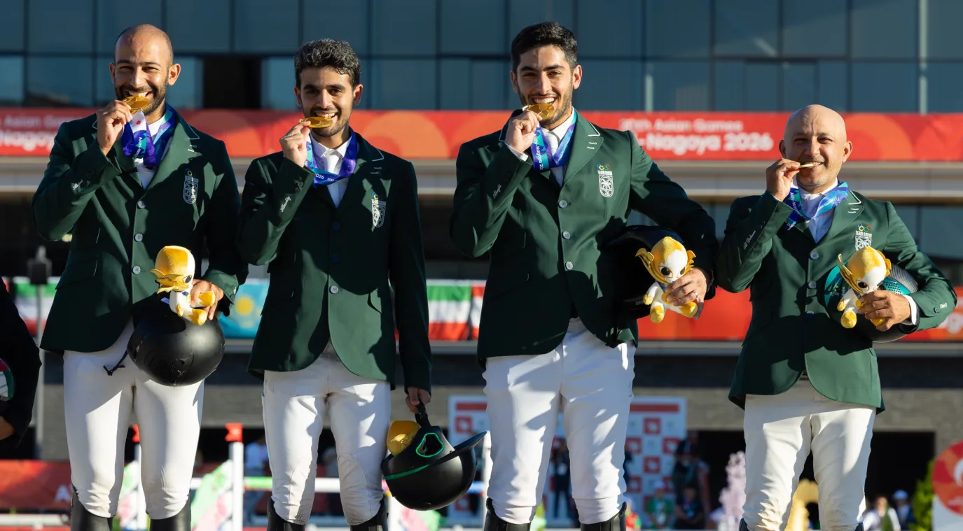 السعودية تحصد ذهبية قفز الحواجز للفرق في ناغويا 2026 للمرة الثالثة تواليًا - مصدر الصورة: حساب فريق السعودية على منصة إكس