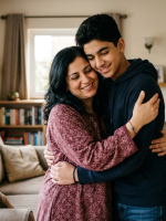 صورة أم تضم ابنها المراهق