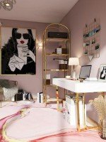 تصميم مكتب منزلي مودرن باللون الوردي مع لمسات ذهبية
