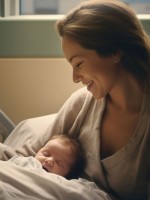 صورة لأم تحمل مولودها بعد الولادة في المستشفى