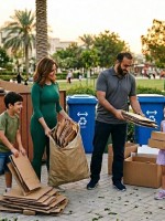 صورة عائلة تجمع علب الكرتون