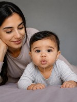 صورة لرضيع ينفخ وينفث اللعاب من فمه