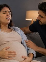 صورة لحامل تعاني من آلام الولادة الحقيقية
